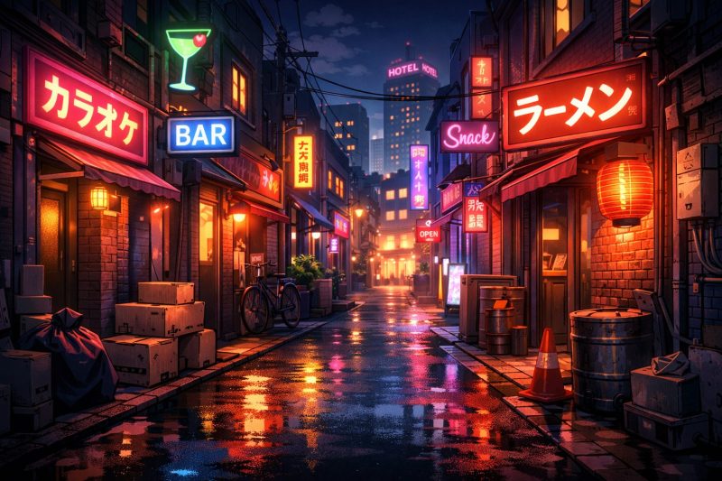 夜のネオン街の路地