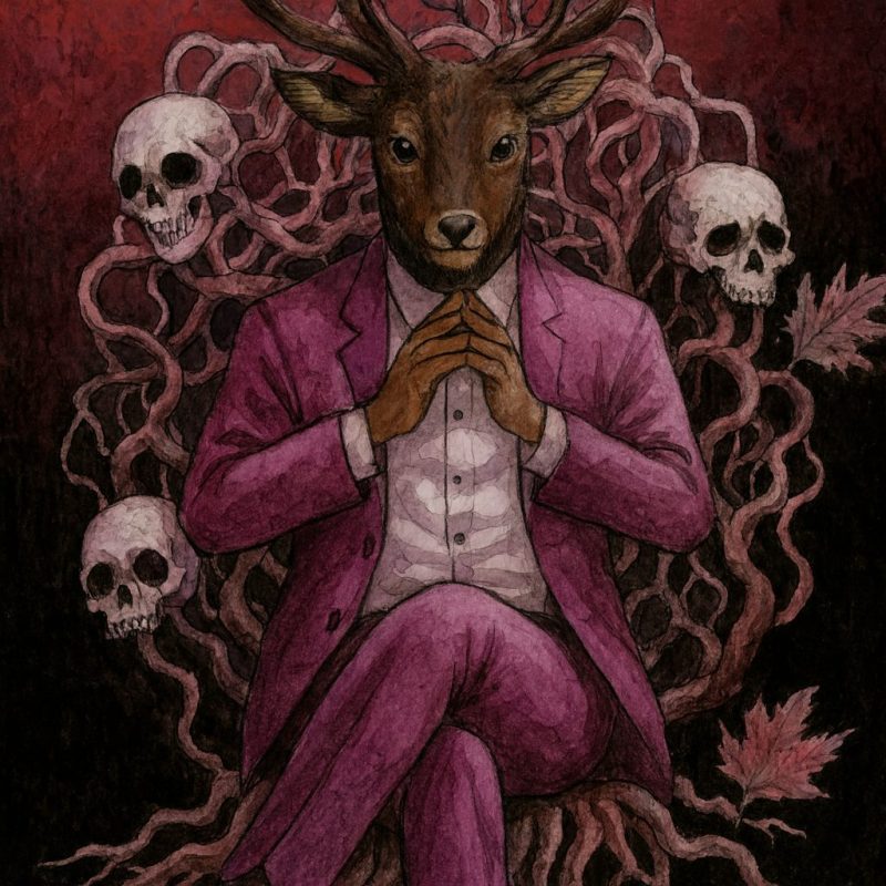 椅子に座る鹿頭の男