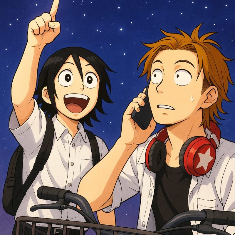 夜空を見上げる二人の高校生