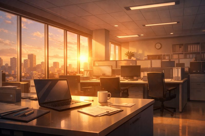 夕暮れの静かなオフィス