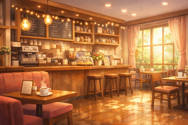 ピンク基調の明るいカフェ店内