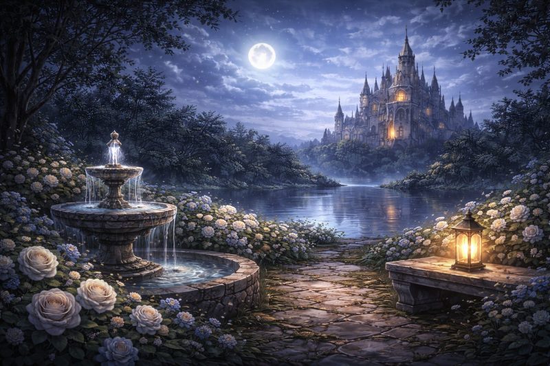 月夜の城と静かな庭園