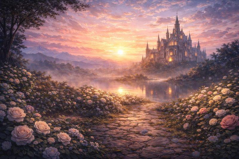 夜明けの城と花の小道