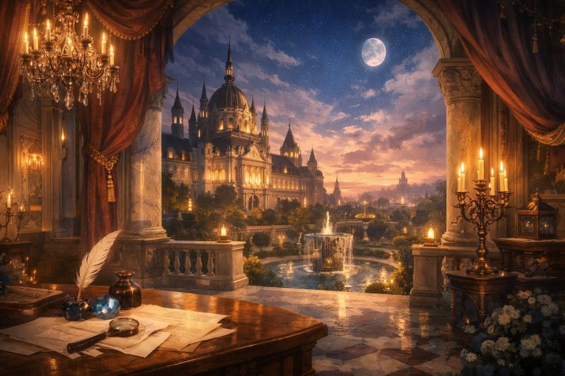 王宮の夜景と執務室