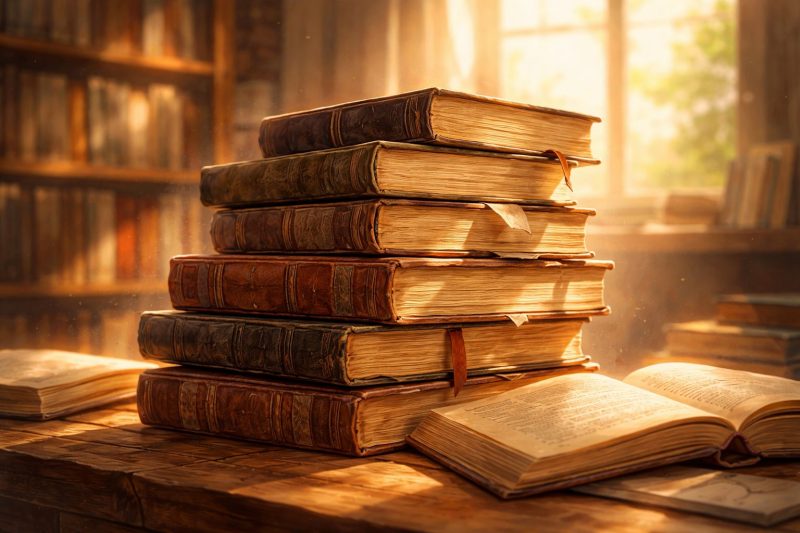 積まれた古書と光