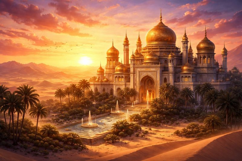 砂漠の王宮と夕焼け