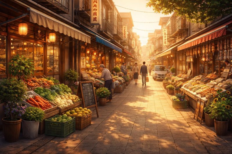 朝の商店街風景