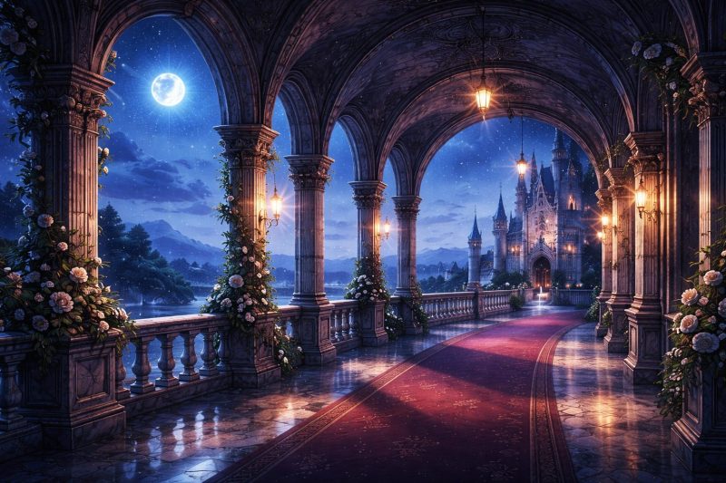 城の回廊と月明かり