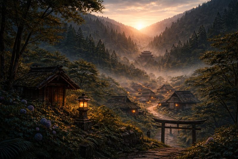 夜明けの静かな山村