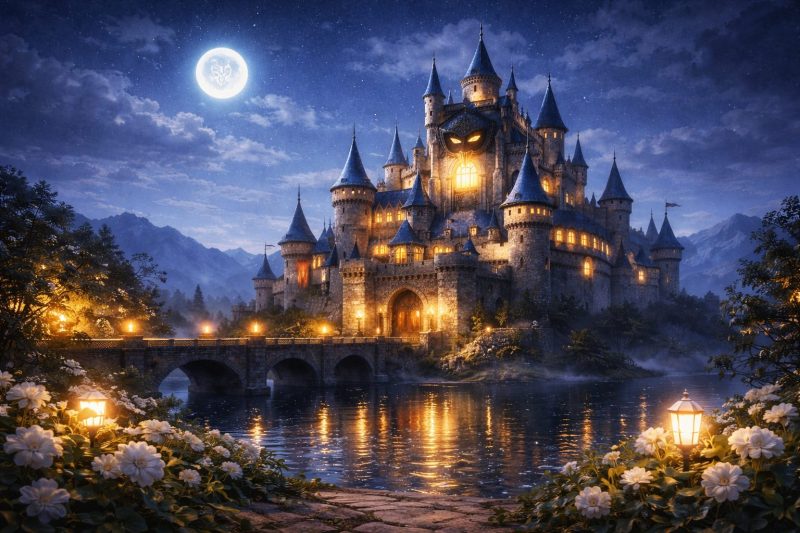 月夜の城の灯り