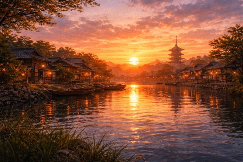 川辺に映る夕陽