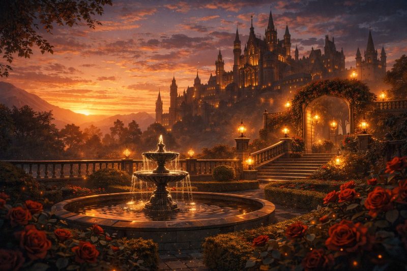 夕暮れの城の庭園