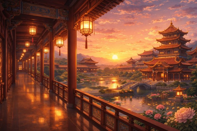 夕暮れの後宮庭園