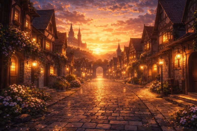 夕焼けの石畳通り