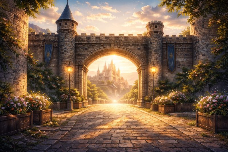 旅立つ城門の朝