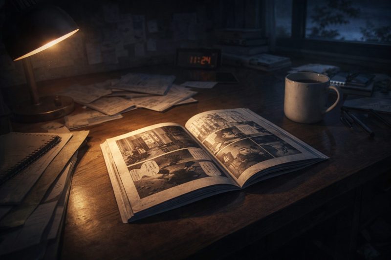 夜の机と開いた漫画