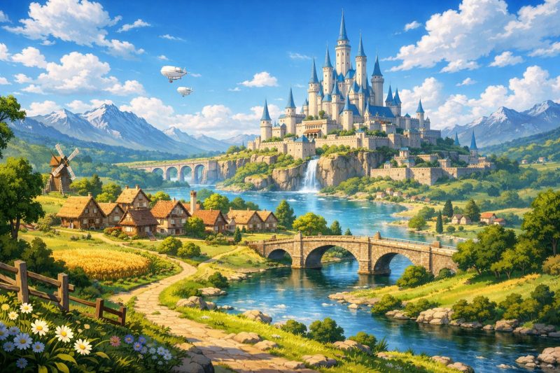 異世界の王都と村の風景