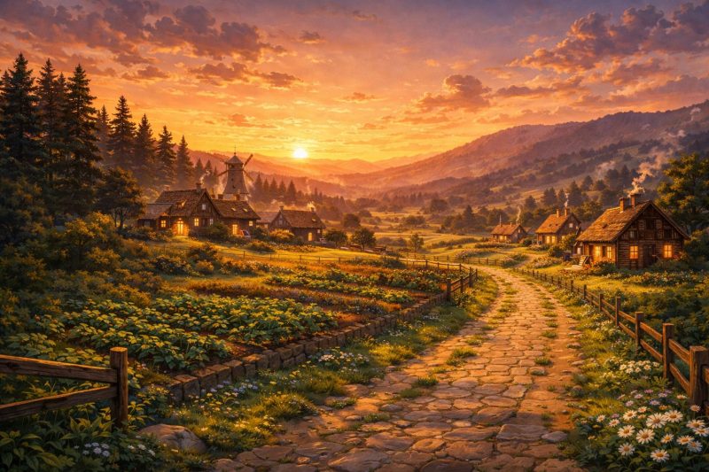 夕暮れの村と森の景色