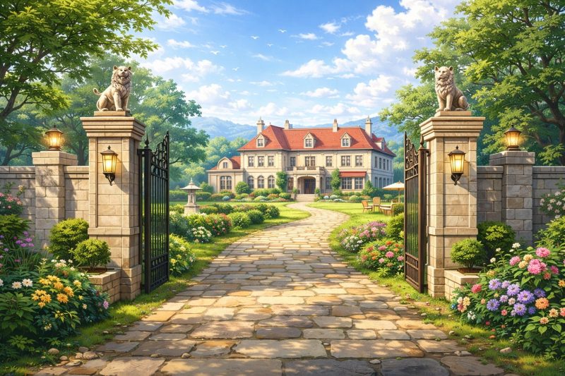 名家の門と広い庭園