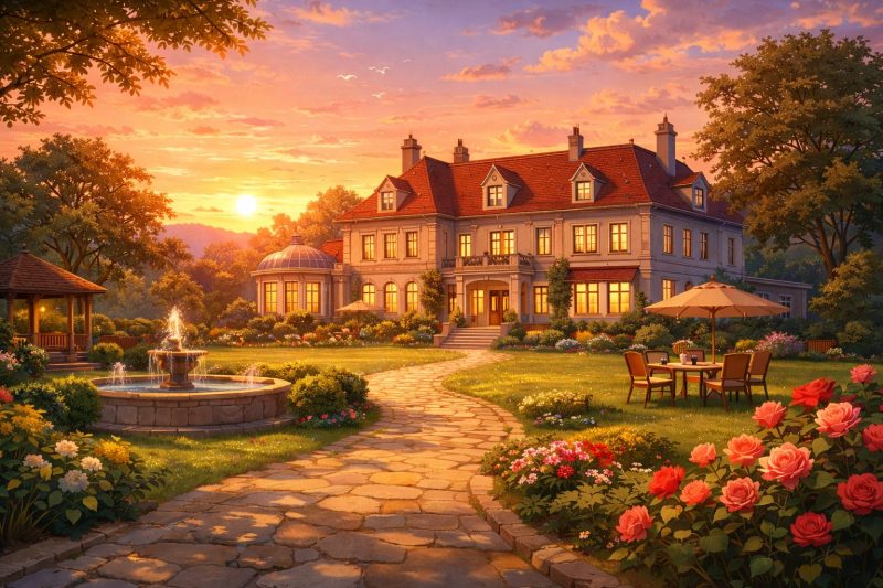 夕暮れの屋敷と庭