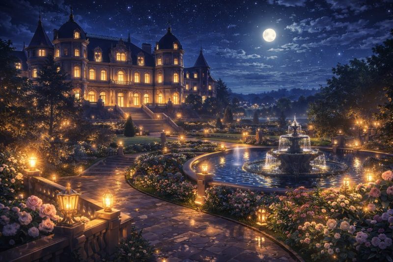 公爵邸の庭と夜景