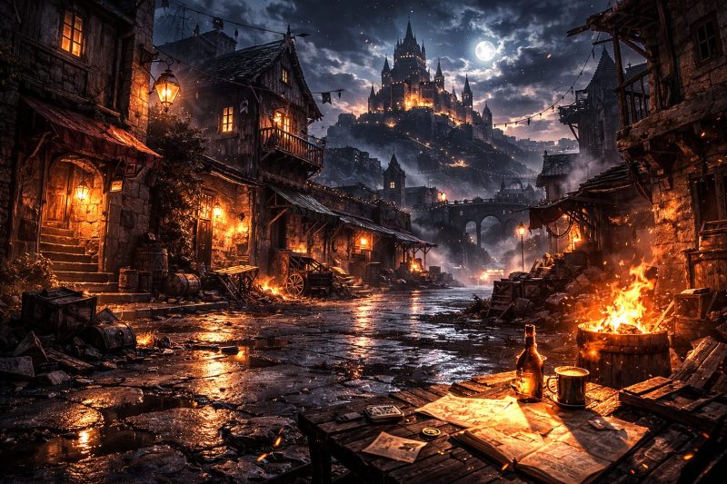 荒れた路地の夜景