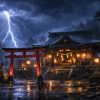 雷光走る夜の神社