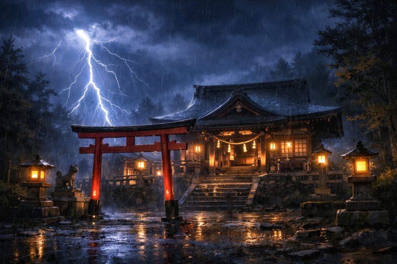 雷光走る夜の神社