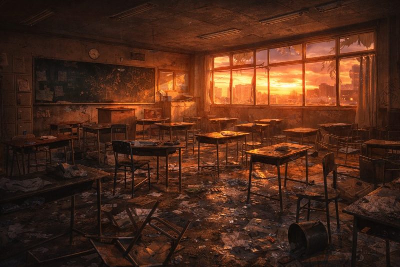 荒れた教室の夕暮れ