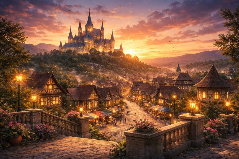 夕焼けの城と街並み