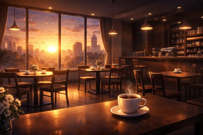 夕暮れの静かなカフェ