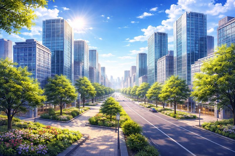 朝の明るい都会の街