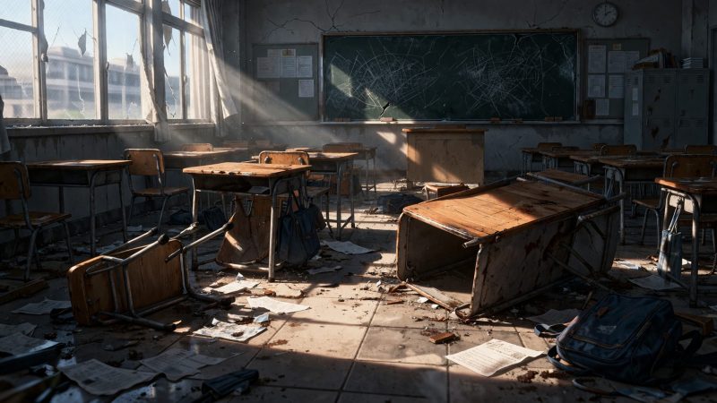 荒れた教室と崩れた机