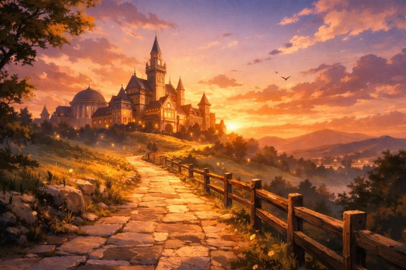 夕焼けの学園と成長の道