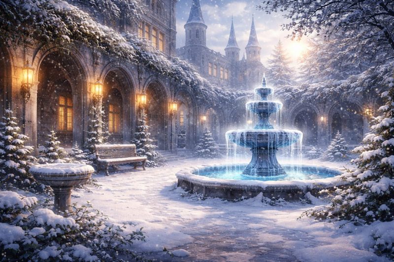 静かな雪の中庭