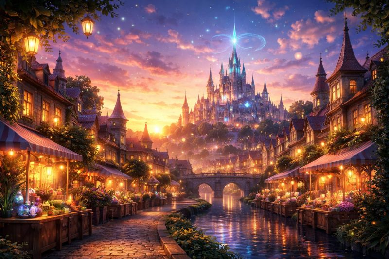 魔法の街の夕暮れ