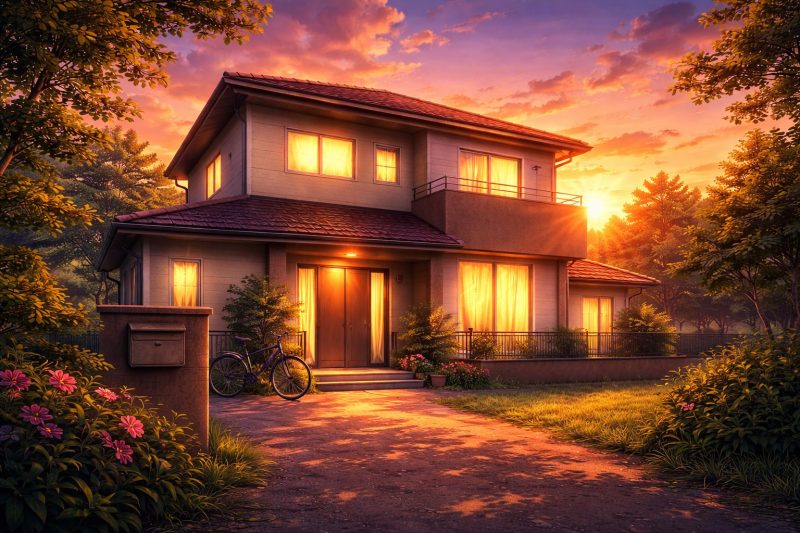 夏の夕暮れ自宅外観