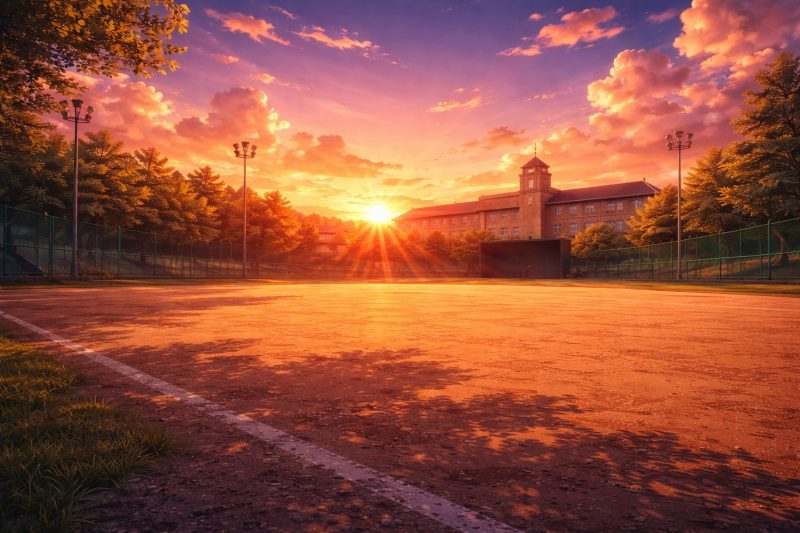 夕焼けの校庭と空