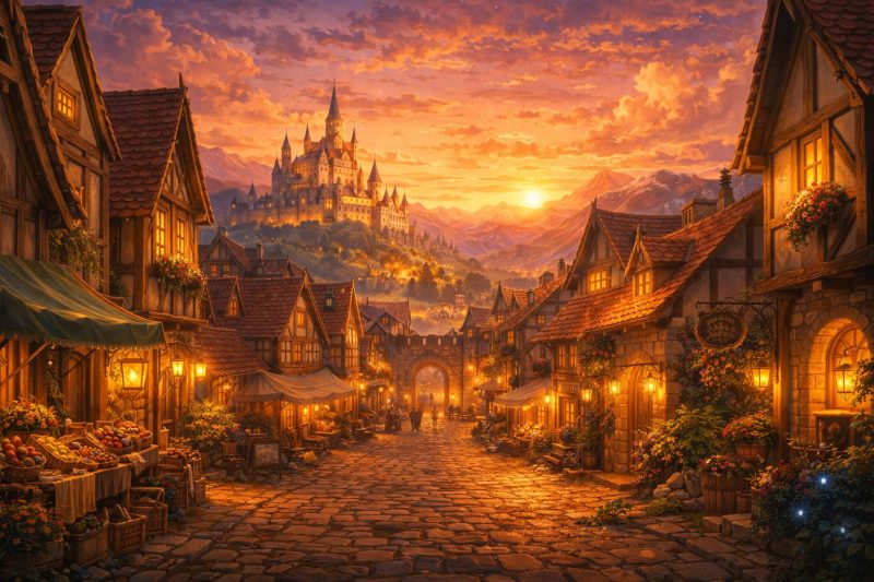 夕焼けの異世界の町