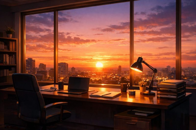 オフィスの夕焼け窓