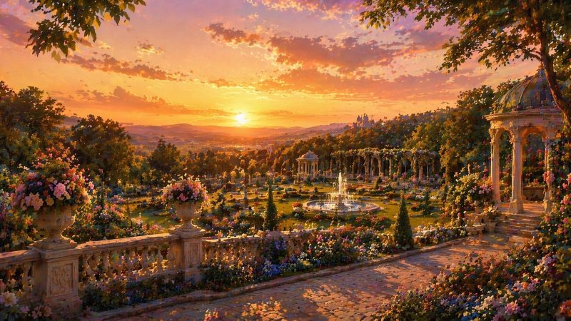 夕焼けの広い庭園風景