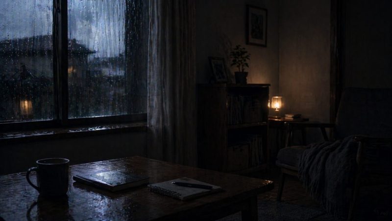 雨の窓辺の暗い室内