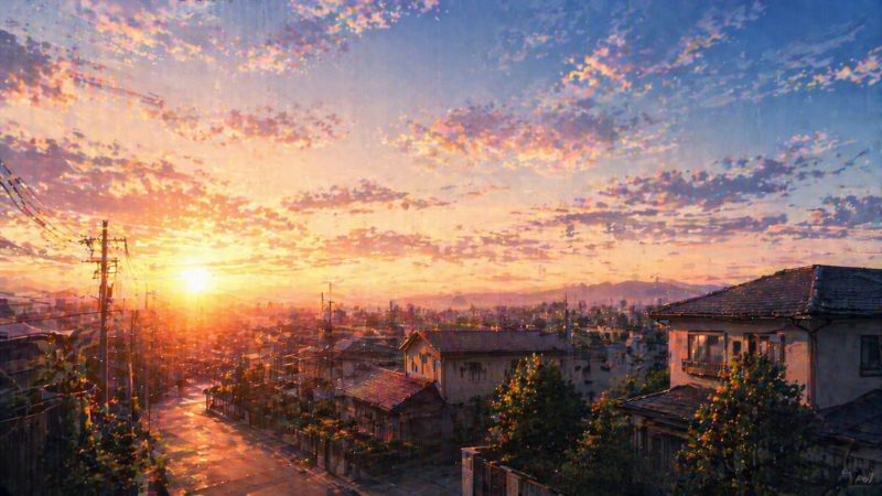 朝焼けの住宅街の空