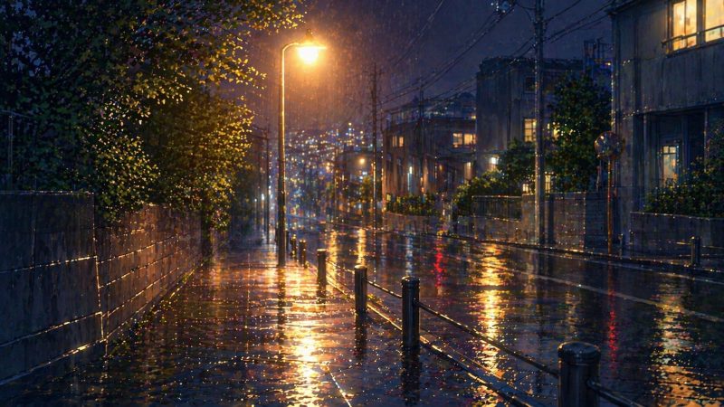 雨の帰り道の街灯