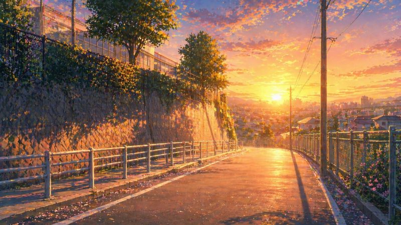 朝焼けの通学路