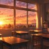 放課後の教室と夕焼け