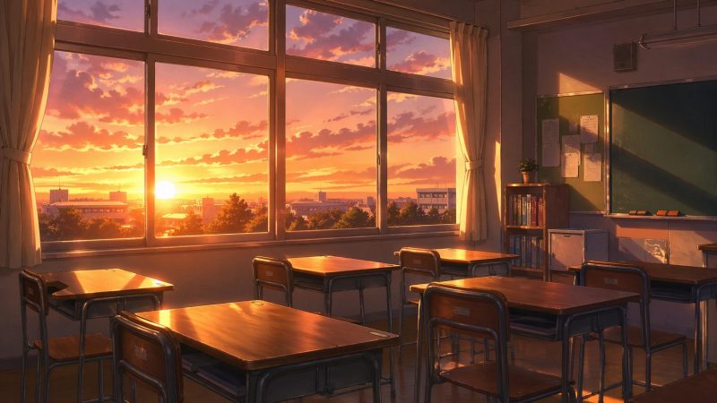 放課後の教室と夕焼け
