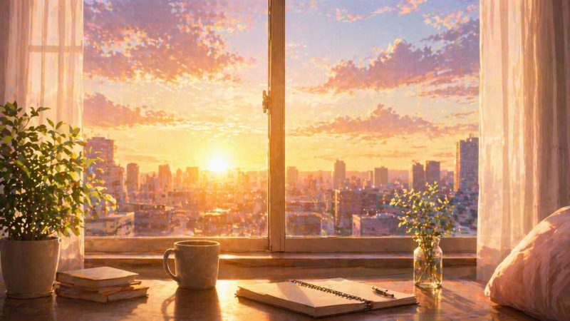 朝焼けの窓辺