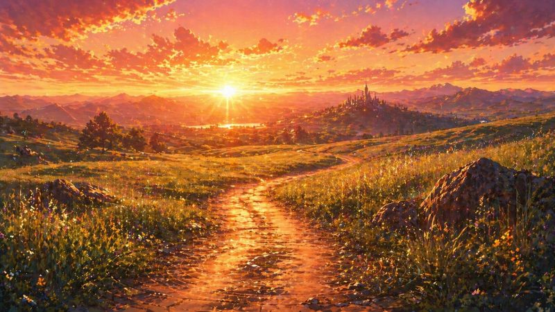 夕焼けの草原道