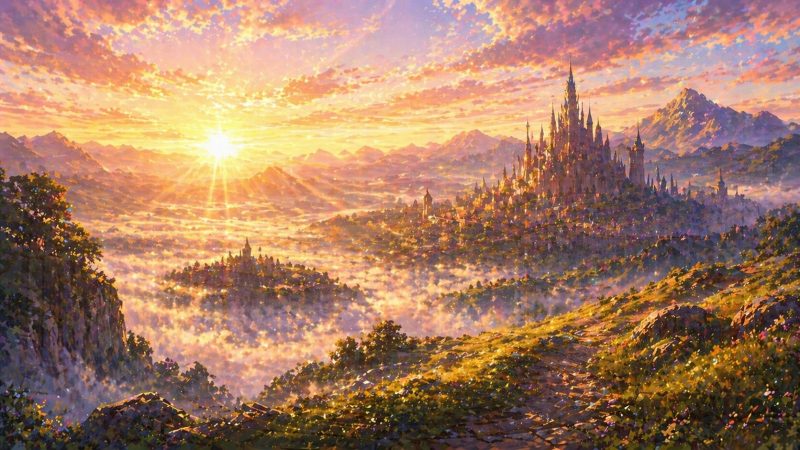 朝焼けの城遠景